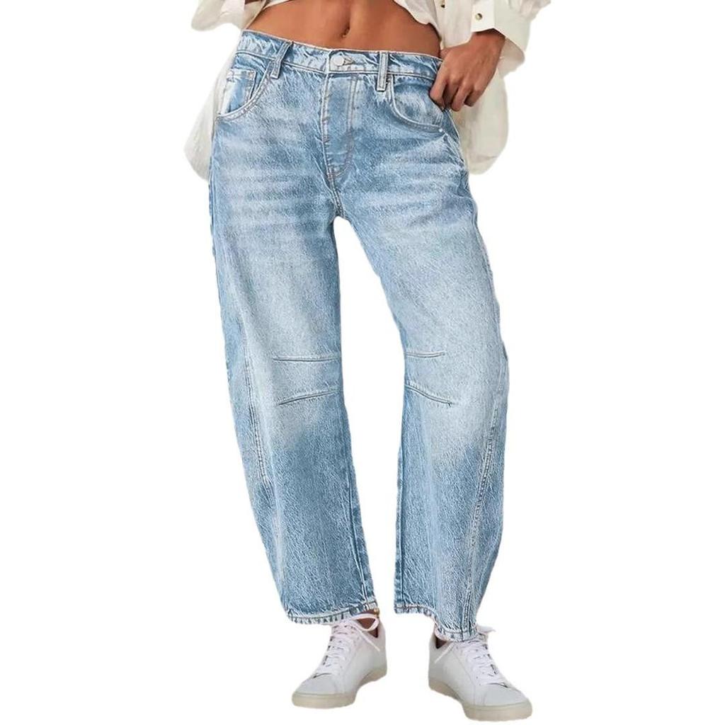 Damen Vintage Bananenhose Lockere Machete Hose Weite Beinhose Mittel Taille Gerade Jeans