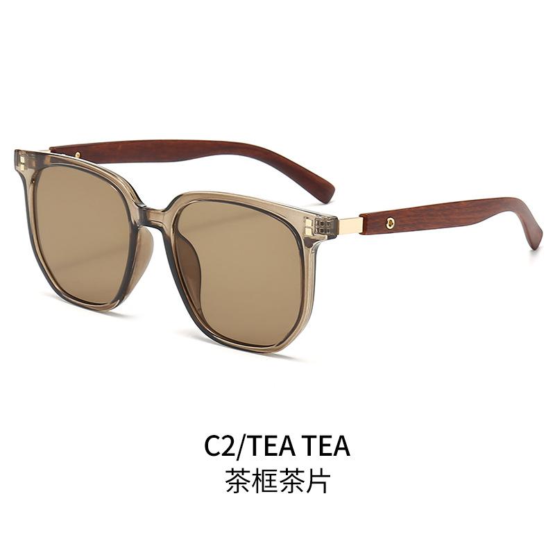 Tea-colored sunglasses for women, retro-style with faux wood grain frames, suitable for round faces, TR material, sun protection