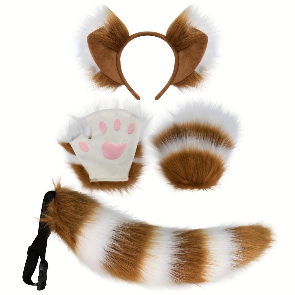 3-Pack Anime Cosplay Fox Ear Headbands, Fluffy Tail and Paw Gloves, Cute Faux Fur Animal Costume Accessories for Halloween Parties