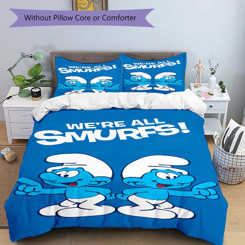 We'Re All Smurfs Print 3Pcs Bedding Setduvet Cover With 2 Bedropillowcase Home Birthday Gift