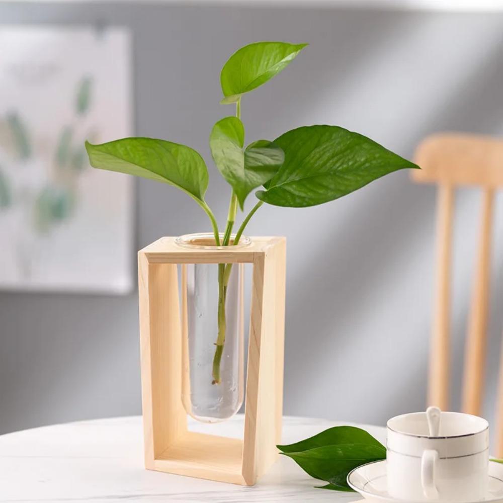 Simple Nordic Hydroponic Green Plant Vase Test Tube Wooden Frame Flower Arrangement Decorative Vase Tabletop Plants Home Decor
