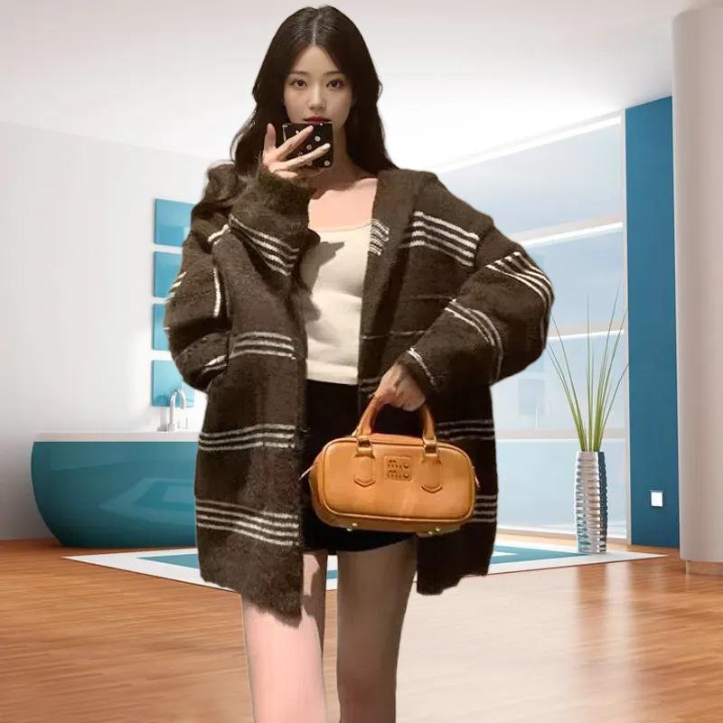 Large size autumn and winter new contrasting striped hooded long-sleeved knitted cardigan lazy wind medium and long women's sweater
