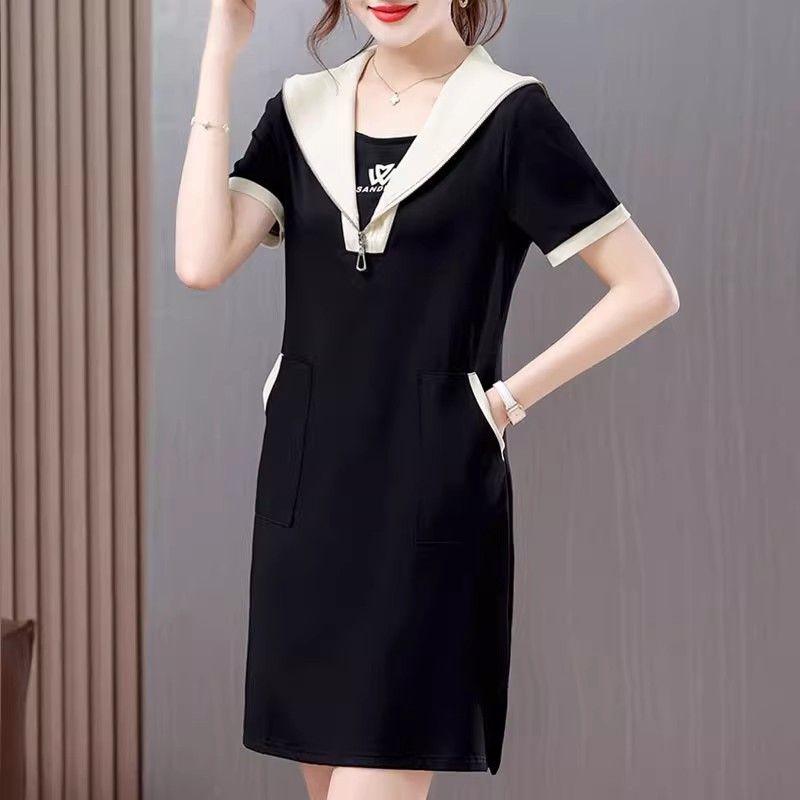 Summer Sailor Collar Midi Dress Zipper Short Sleeve Women's Clothing Casual Pockets Patchwork Basic Solid Color A-Line Dresses