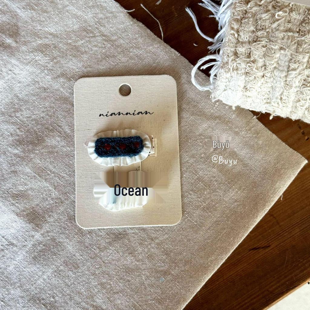 Nian Nian Blue Retro Fabric Hair Clip - Gentle On Hair, Korean Style, Handmade BB Accessory
