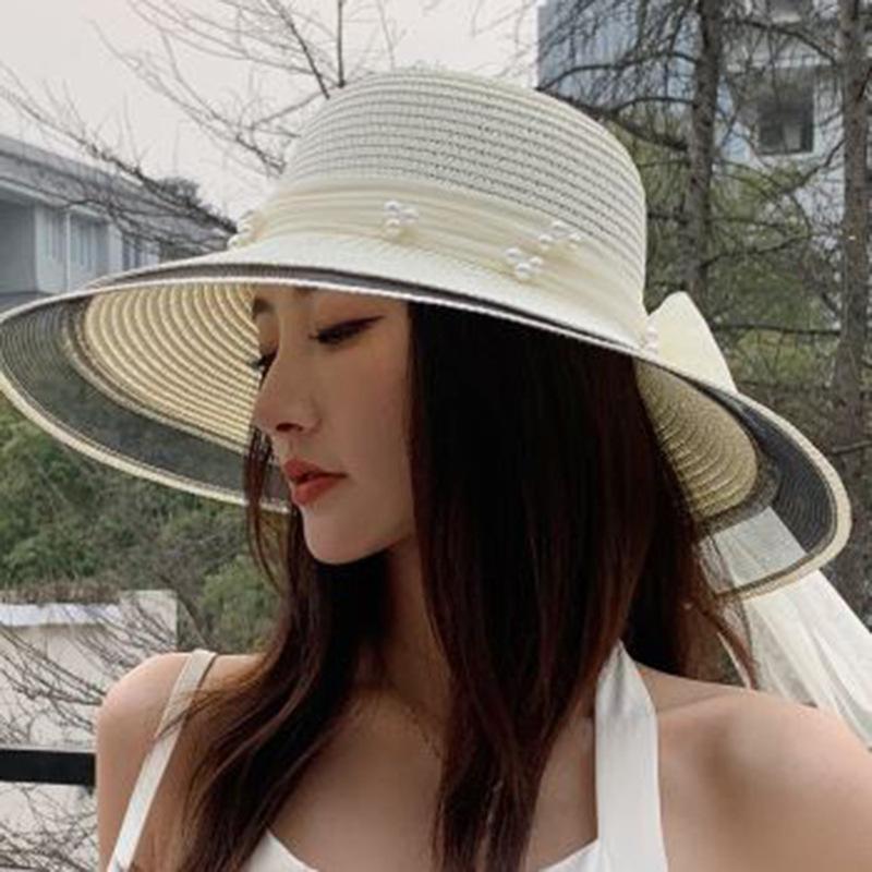 Pearl Decorated Straw Hat Women's Summer Outdoor Beach Visor French Casual Sunscreen Big Eaves Hat
