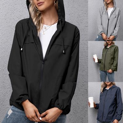 Women's Fashion-Simple Solid Color Outdoor Sports Pocket Windproof And Rainproof Hooded Windbreaker Pocket  Jacket