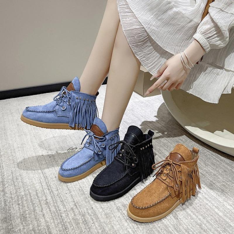 Large size retro fringed short boots for women's autumn and winter new wind lace-up flat-bottomed Zhuotian short boots for women