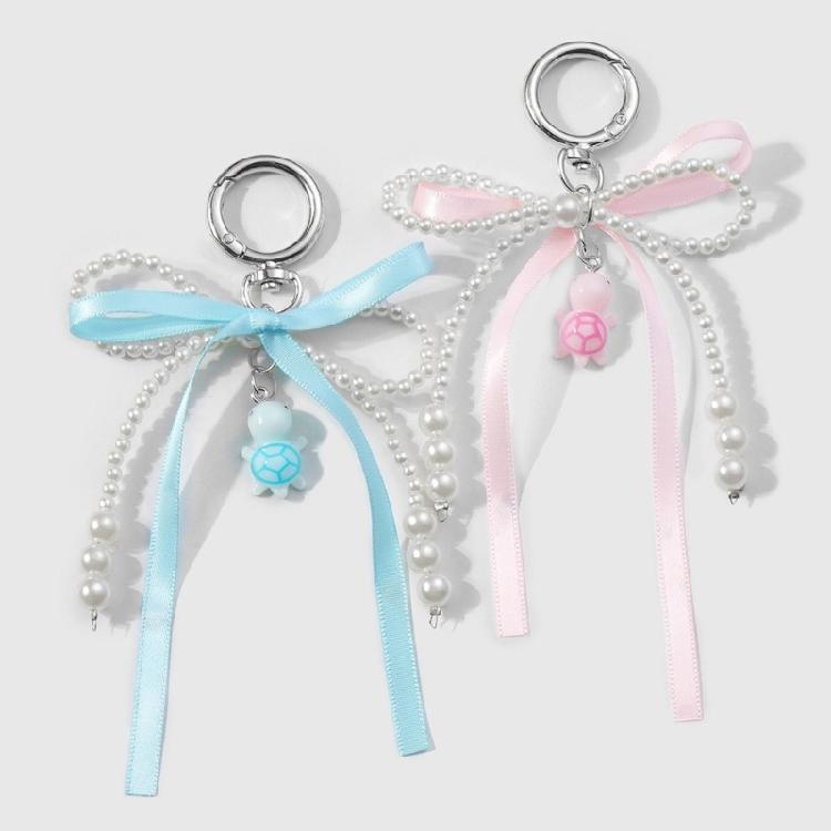 Versatile Ribbon Pearls Bowknot Key Rings with Turtles Pendant Charming Keychain Accessory for Backpacks and Purses