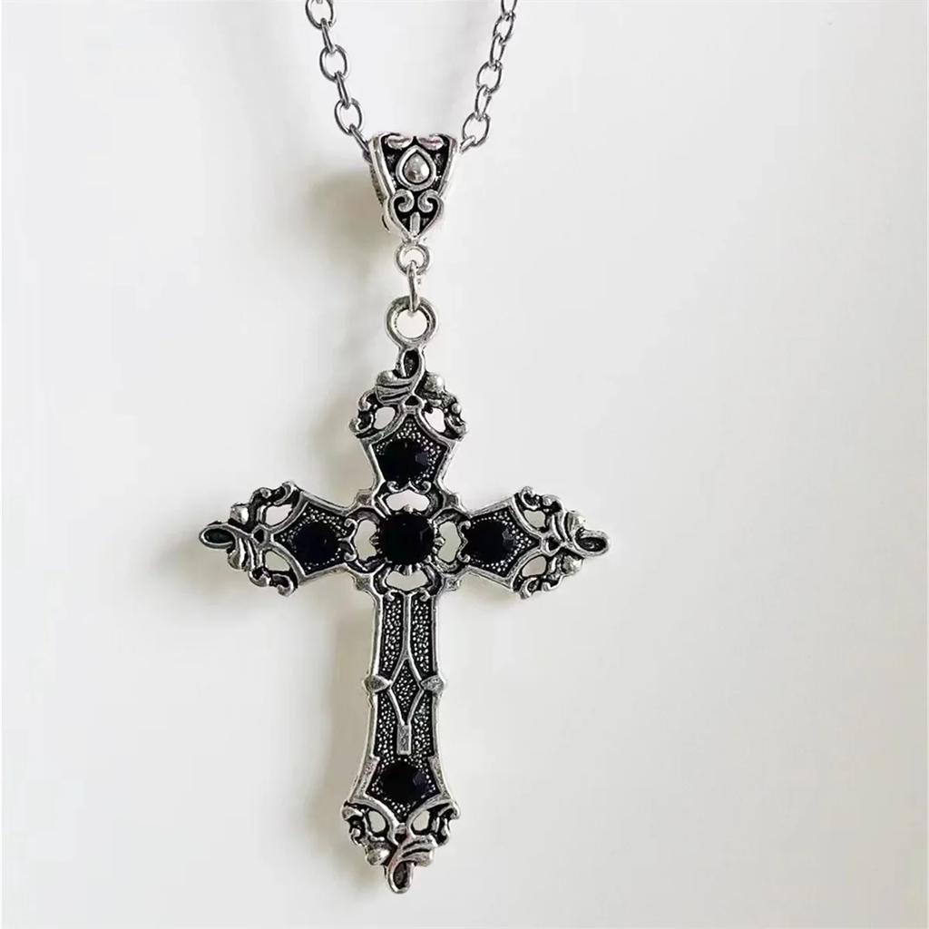 Gothic black ruby cross pendant men's women's necklace European and American retro simple fashion jewelry gifts