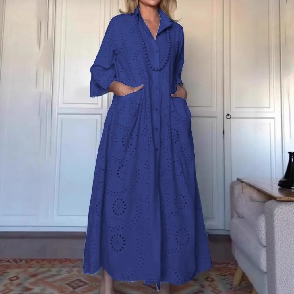 Spring and Autumn Solid-color Shirt Collar Loose Embroidered Cutout Large-sized Shirt Dress