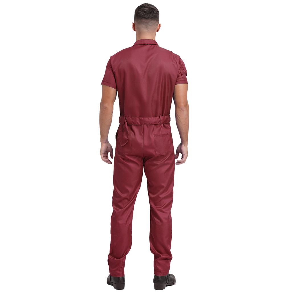 Mens Durable Coveralls Short Sleeve Zipper Front Multi-Pocket Workwear Overalls