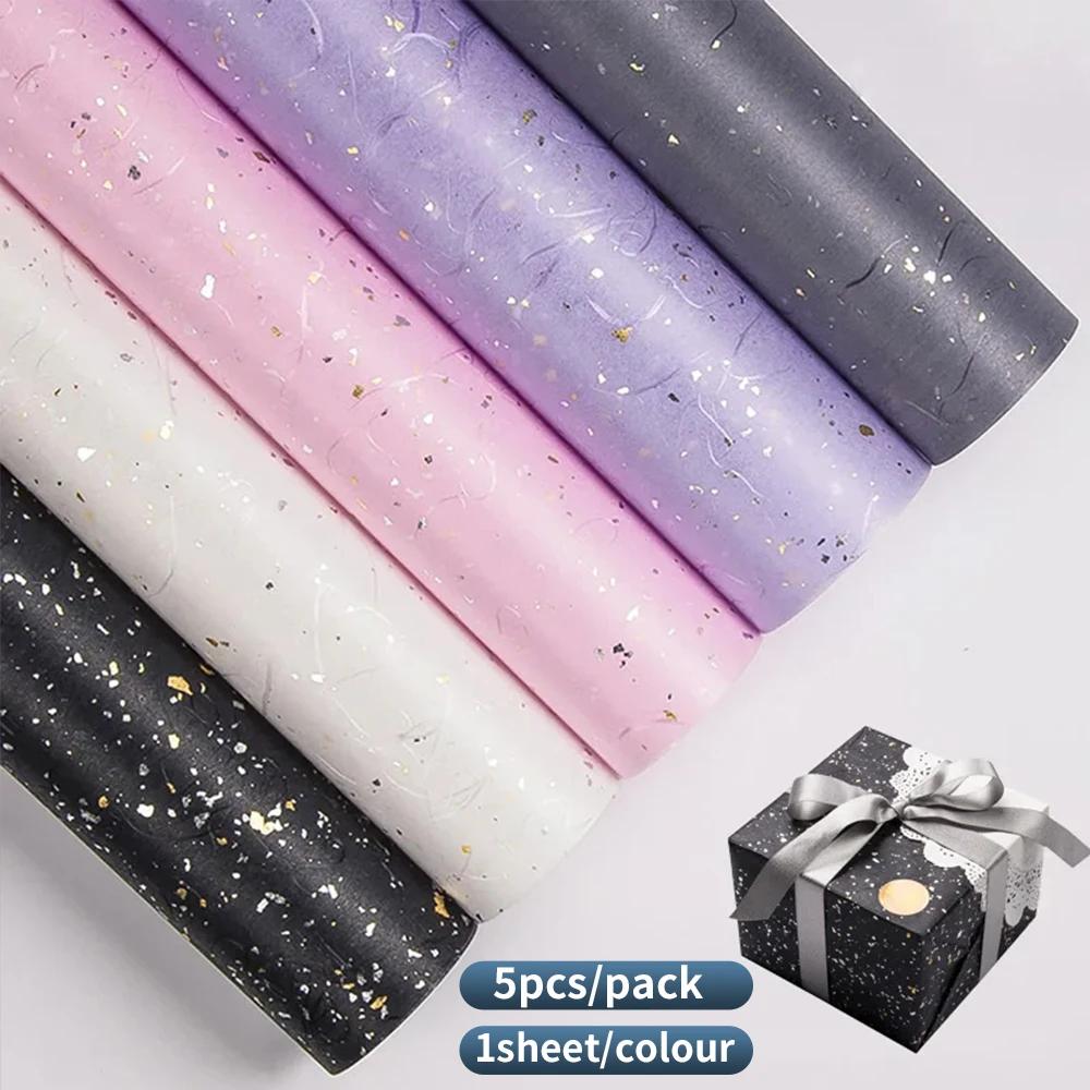 Korean Floral DIY Wrapping Paper Set - 5 Sheets, 6 Colors, Gold/Silver Sparkles, Waterproof for Bouquets & Gifts