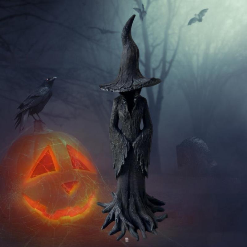 Halloween Witch Statue Tree Root Witch Figurine Sculpture Desktop Witch Decor Ornament Resin Home Office Party Decoration