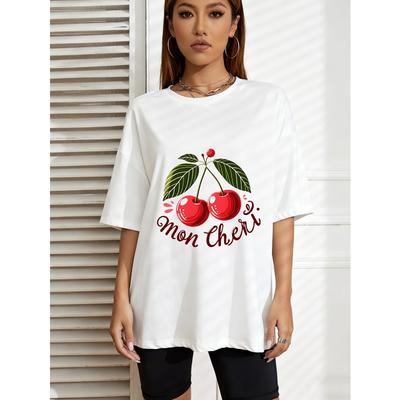 T-shirt in Cotone Bianca Stampa Ciliegie Testo Mon Cheri Abbigliamento Casual Estivo