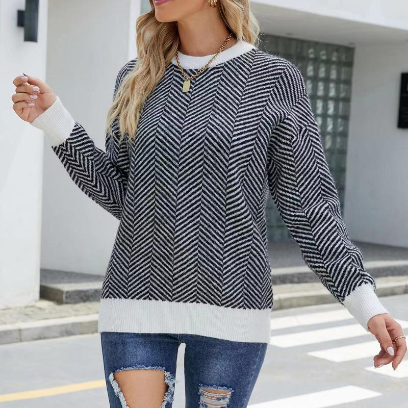 IHUASU Damen Herbst und Winter Gestreifter Mode Langarm O-Ausschnitt Gestrickter Lockerer Patchwork Pullover Pullover