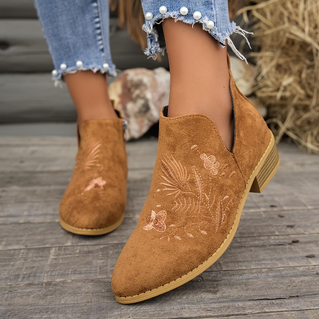 UMIK Women'S Vintage Embroidered Ankle Boots - Pointed Toe Low Heel with Side Zipper, Breathable Cut-Out Design, Lightweight Fabric Upper
