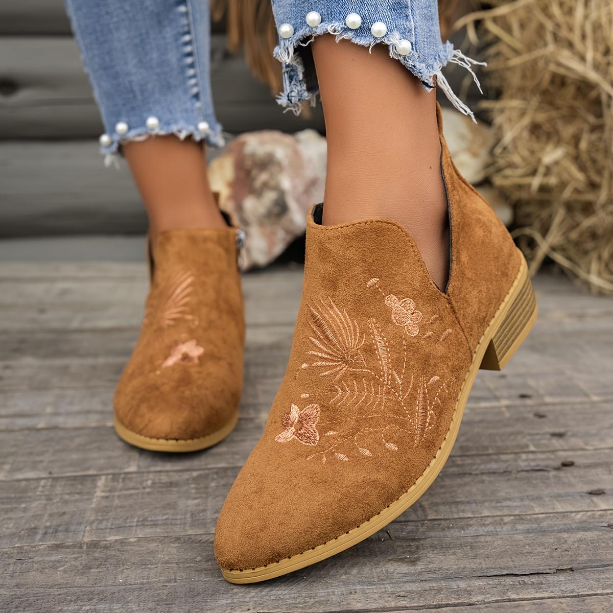 

Женские винтажные вышитые ботильоны - Острый носок, Низкий каблук, Боковая молния, Дышащий перфорированный дизайн, Легкий текстильный верх и подошва из ТПР 38