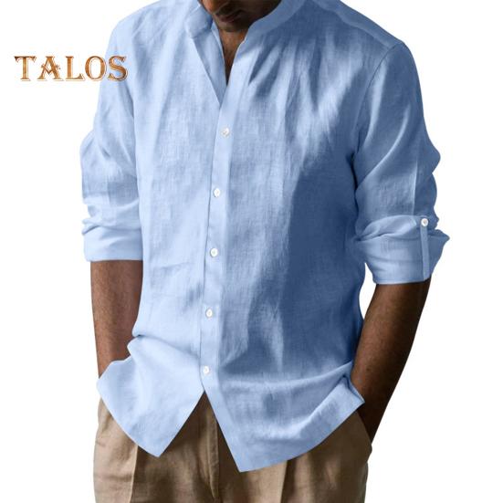 Men Cotton Shirt Long Sleeve Button Down Solid Color Shirt Henry Collar Casual Top with Adjustable Sleeves for Daily Wear Beach Vacation