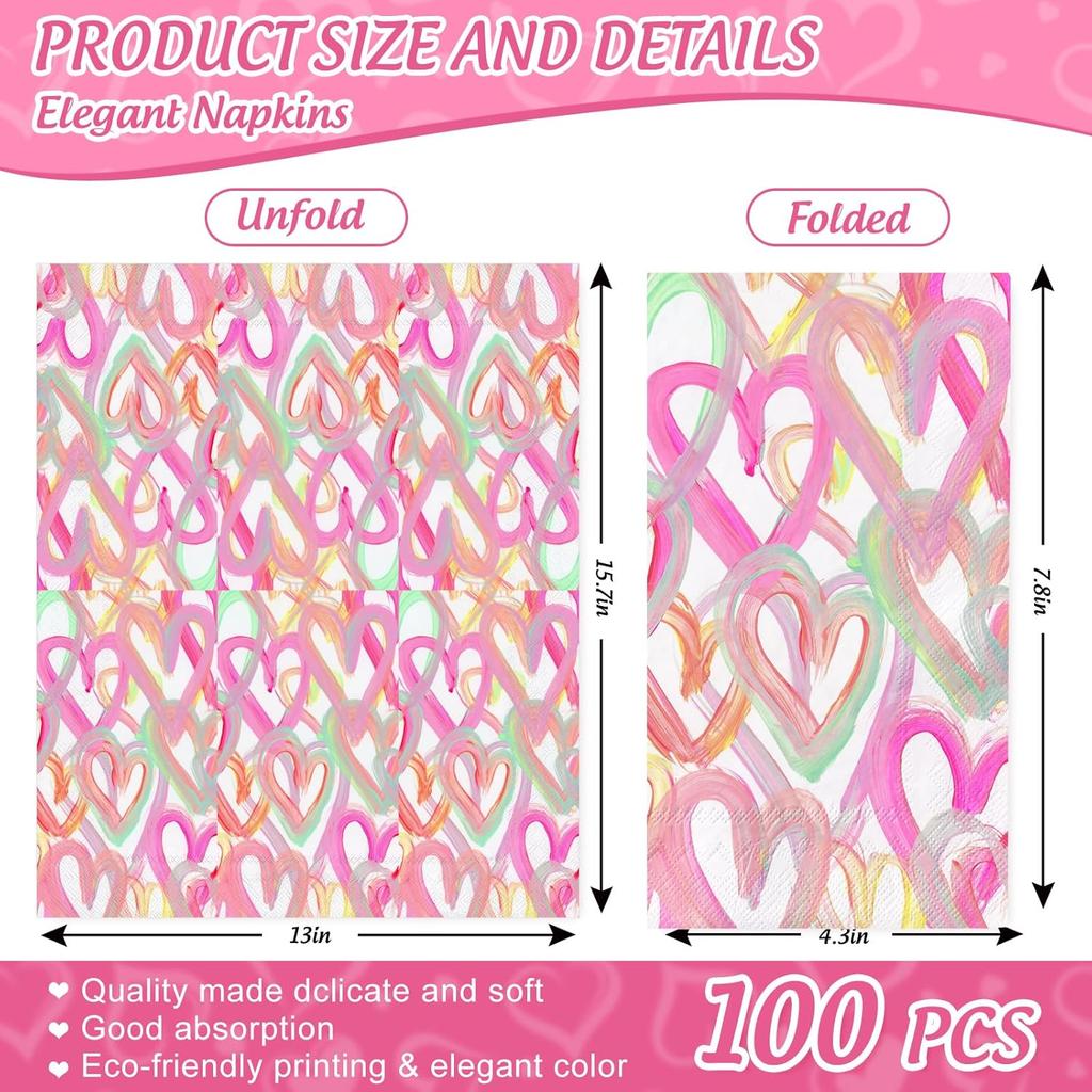 100Pcs Valentine's Day Paper Guest Napkin Colorful Heart Bathroom Napkin Decorative Disposable Hand Towel Napkin For Home Party Supplies