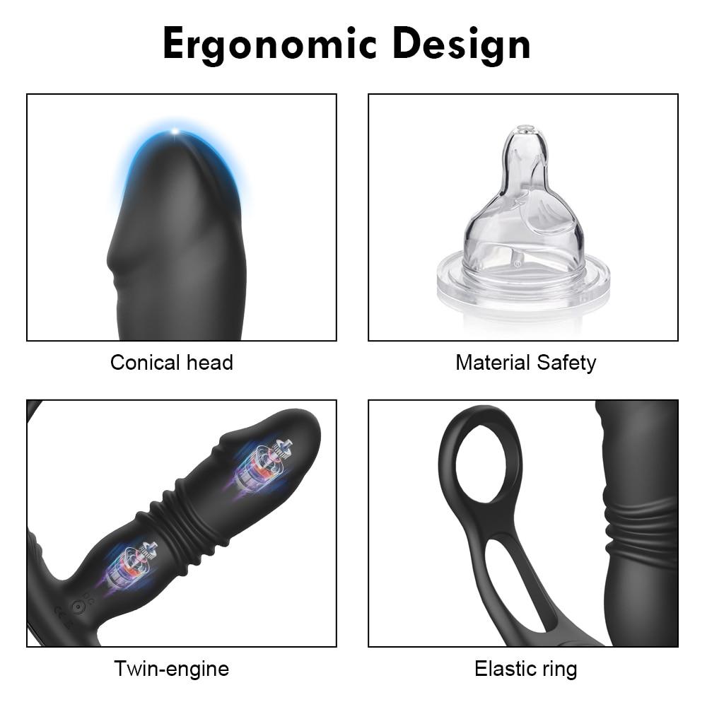 Silicone Anal Vibrator Push Prostate Stimulator Massager Delay Ejaculation Lock Ring Anal Butt Plug Sex Toys Dildo for Men
