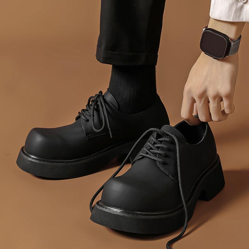 Platform Single Shoes Men's Spring and Autumn Round Head Lace-up Middle Heel Muffin Men's Shoes Work Black Small Leather Shoes 9522-M
