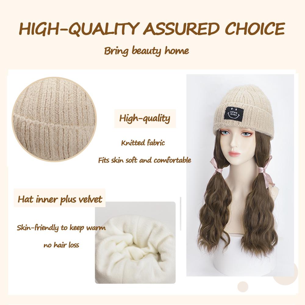 Knitting And Velvet Wig Hat for Autumn And Winter High Temperature Resistant Synthetic Long Curly Hair Fashion