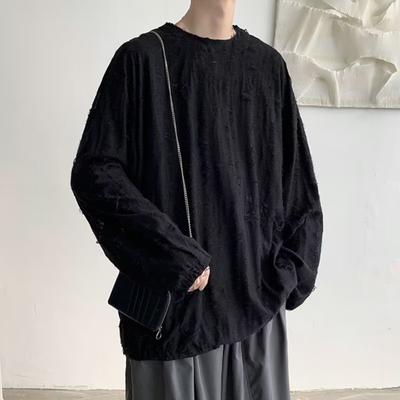 Herren T-Shirt Rundhals Langarm Ripped Holes Einfarbig Pullover Tops Street Style Base Layer Tops Streetwear