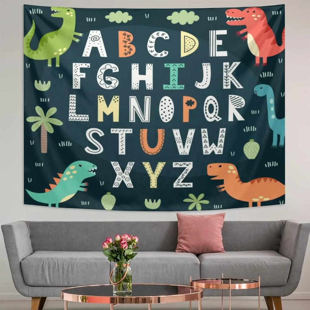 Alphabet Poster Tapestry for Boys Girls Bedroom ABC Learning for Toddlers Cute Dinosaur Art Educational Tapestries Wall Hanging