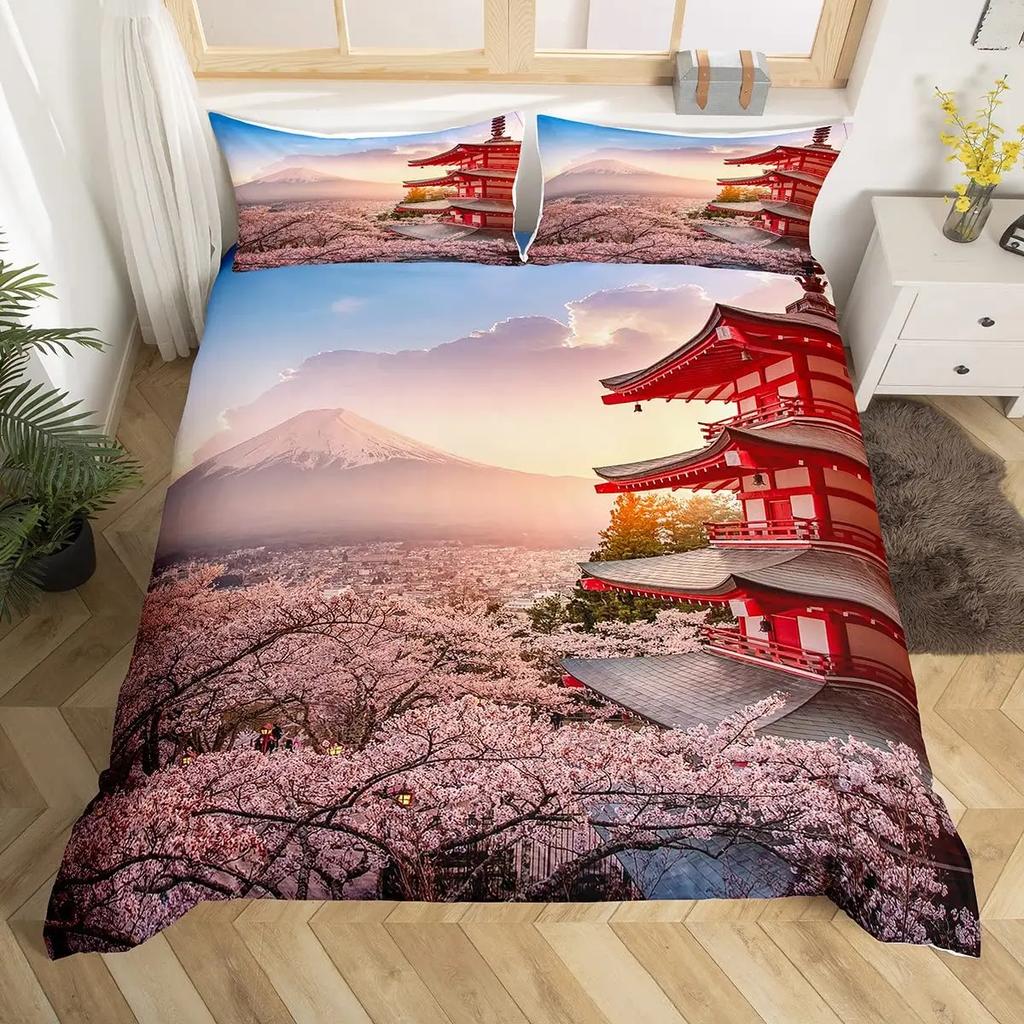 Japanese Fuji Mountain Duvet Cover Set Crane Bedding Set Watercolor Nature Tree Branches Comforter Cover Traditional Quilt Cover
