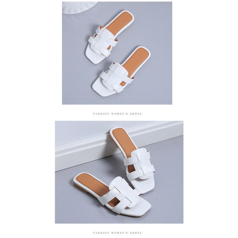 Große Damenschuhe, flache Hausschuhe, Hausschuhe für den Alltag mit gewebten Riemen, flache Hausschuhe aus Gummi mit einem Riemen und flachem Absatz
