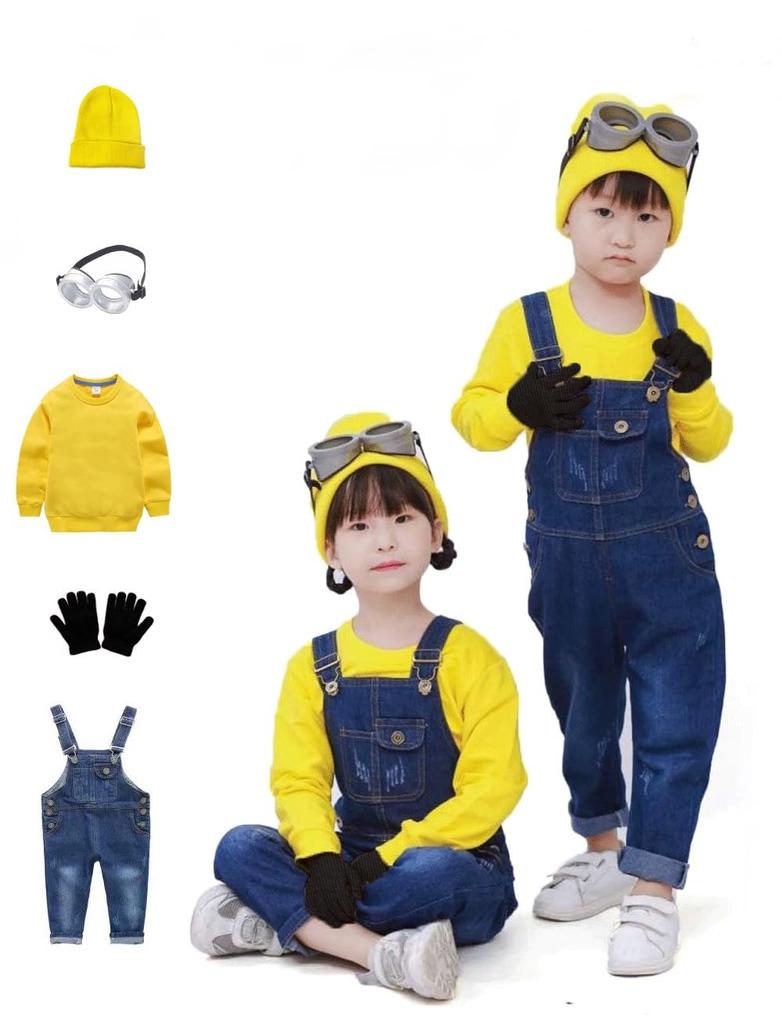 Ahmed Minion Cosplay Overalls and Sweatshirt for Set Includes Long Sleeve Knit and Perfect for and Perfect As a Gift Kids, 5-Piece Overalls, Hat,