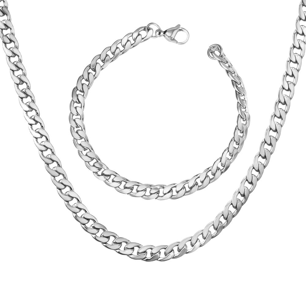 

Gold Silver Color Stainless Steel 7mm Cuban Link Chain Bracelets Necklace For Women Men Fashion Party Wedding Jewelry Sets Gifts 48cm and 21cm