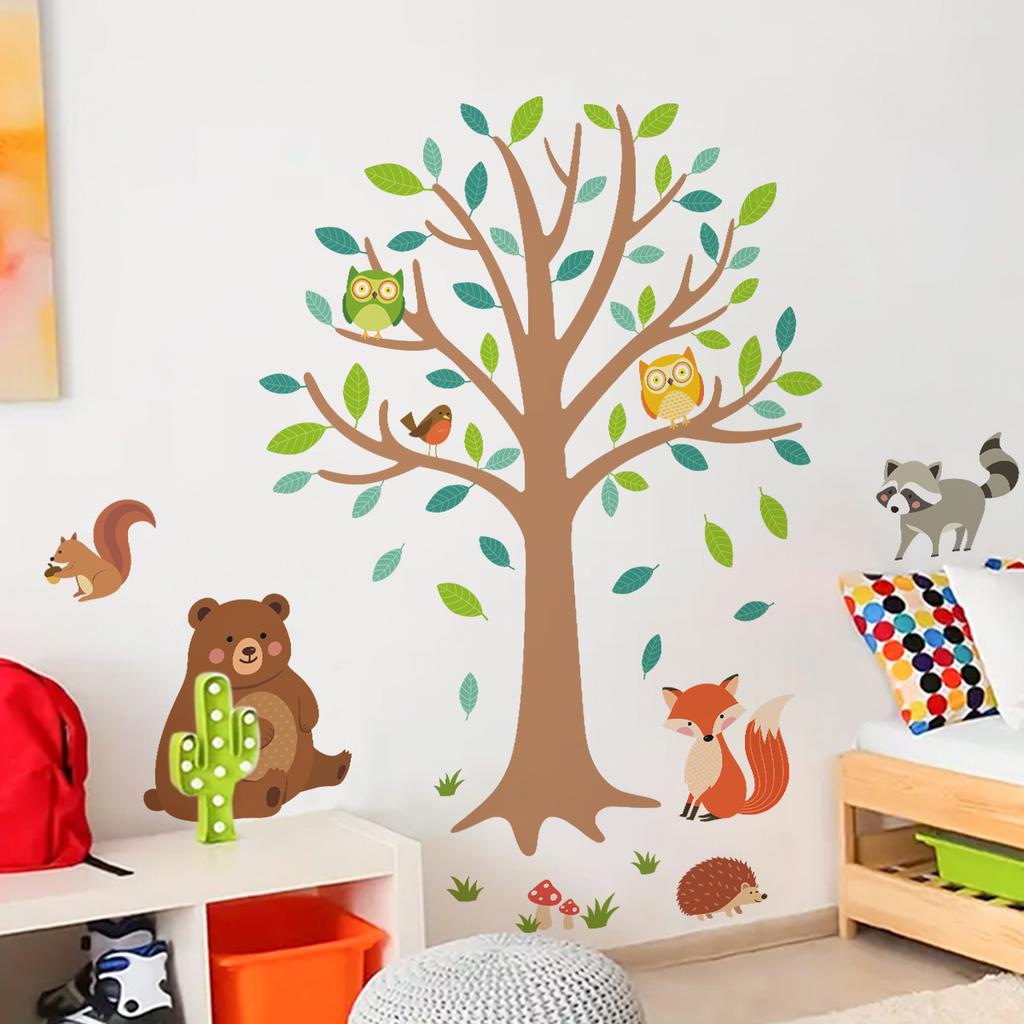 Cartoon Waldtier Baum Wandaufkleber für Kinderzimmer Schlafzimmer Wanddekoration