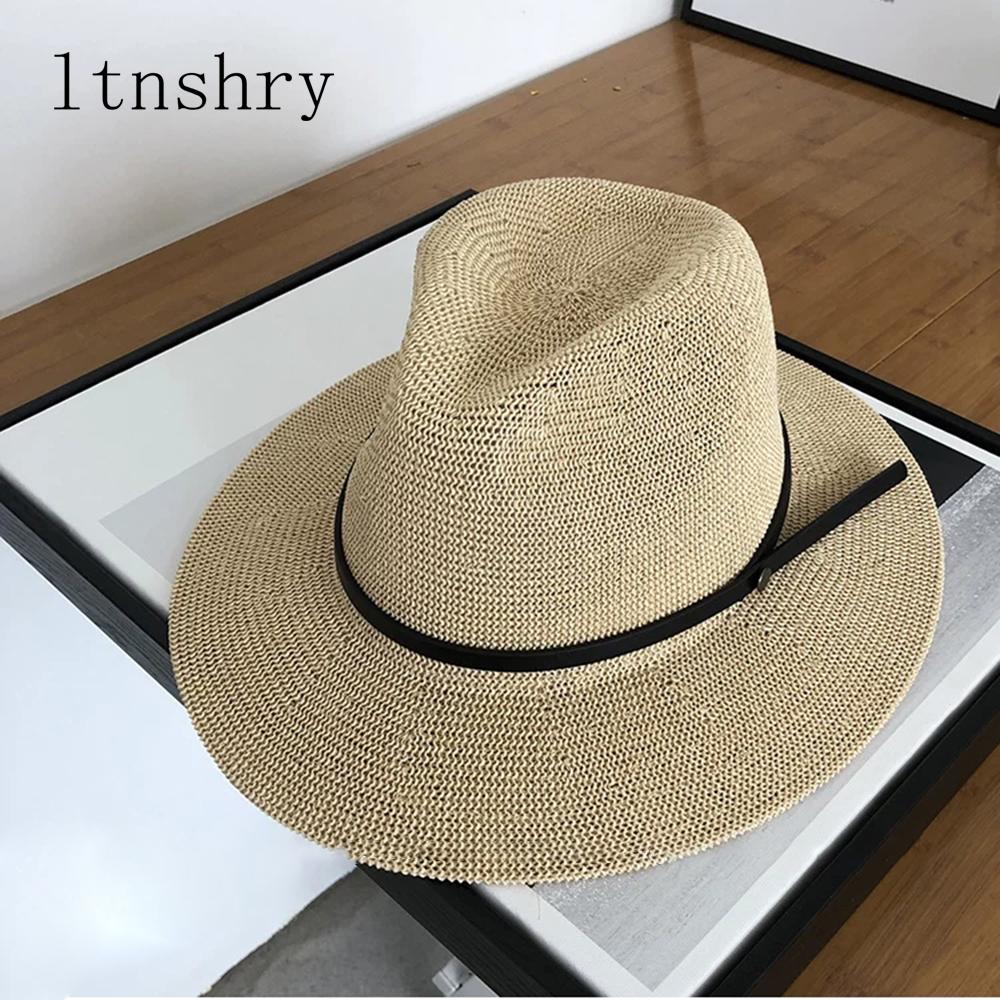 

New Solid Color Belt Buckle Straw Hats Breathable Unisex Wide Brim Visor Hat Women Chapeu Straw Jazz Hats Summer Beach Cap 56-58cm
