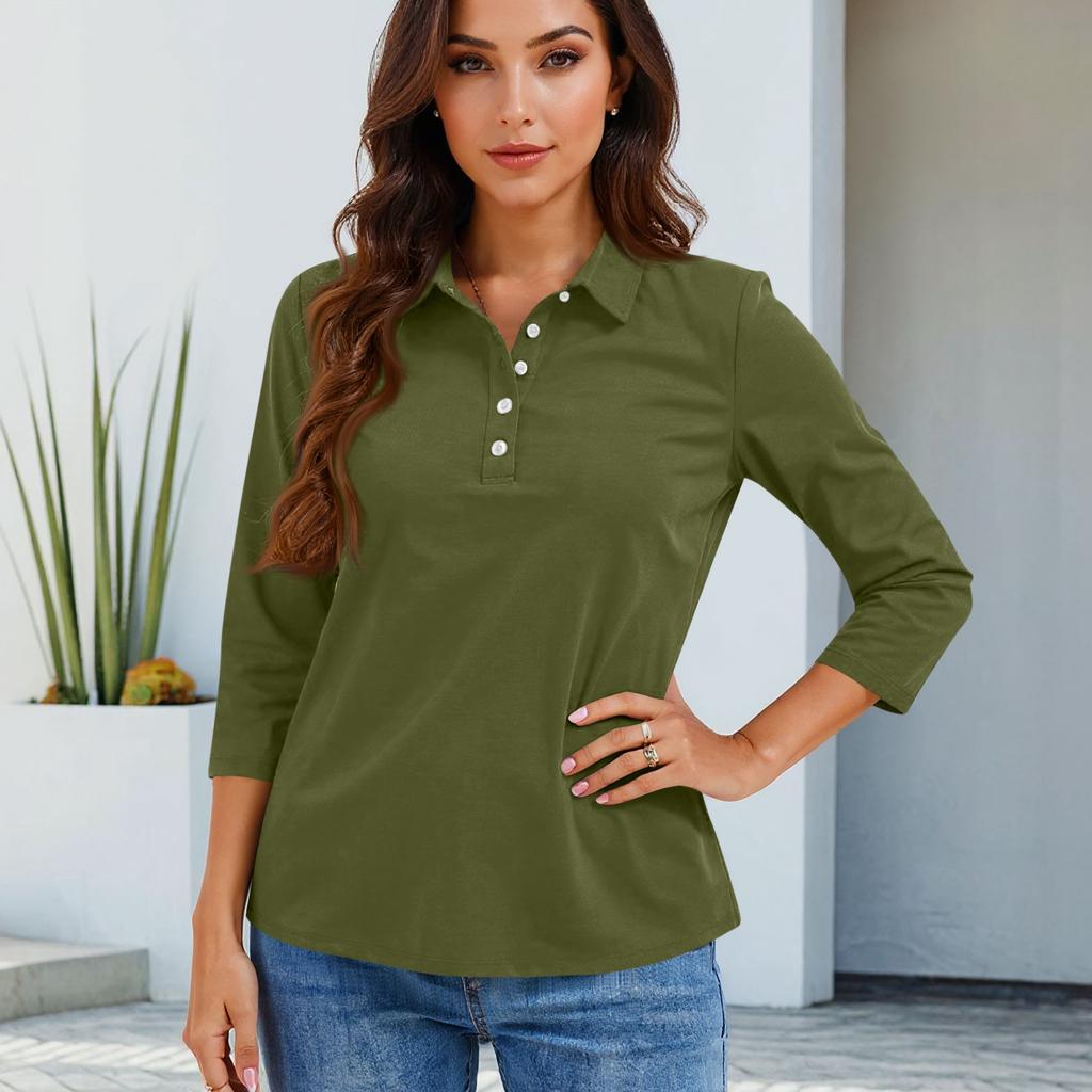 Women's Fashion Casual Lapel Short 3/4 Sleeve Solid Color Shirt Women's Button Up Tops