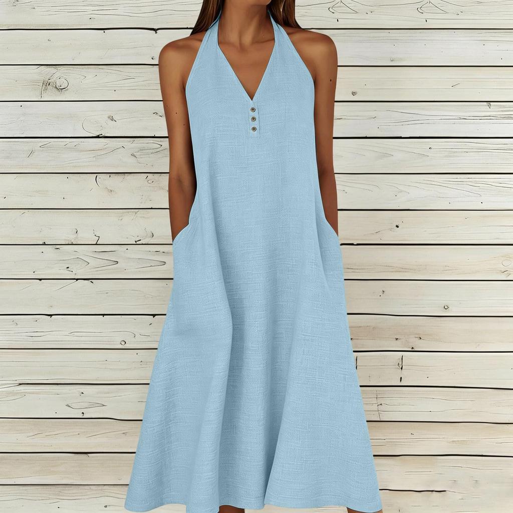 Fashion Women's Summer Dress Cotton Linen V-neck Backless Dress With Pockets Sun Skirt