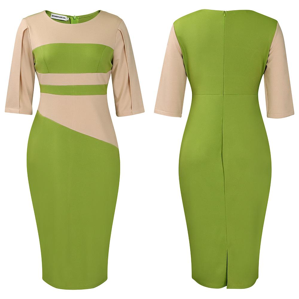 Large Size Women Spring Autumn Fashion Patchwork Dress Ladies One Piece Medium Sleeves Slit Sheath Dress