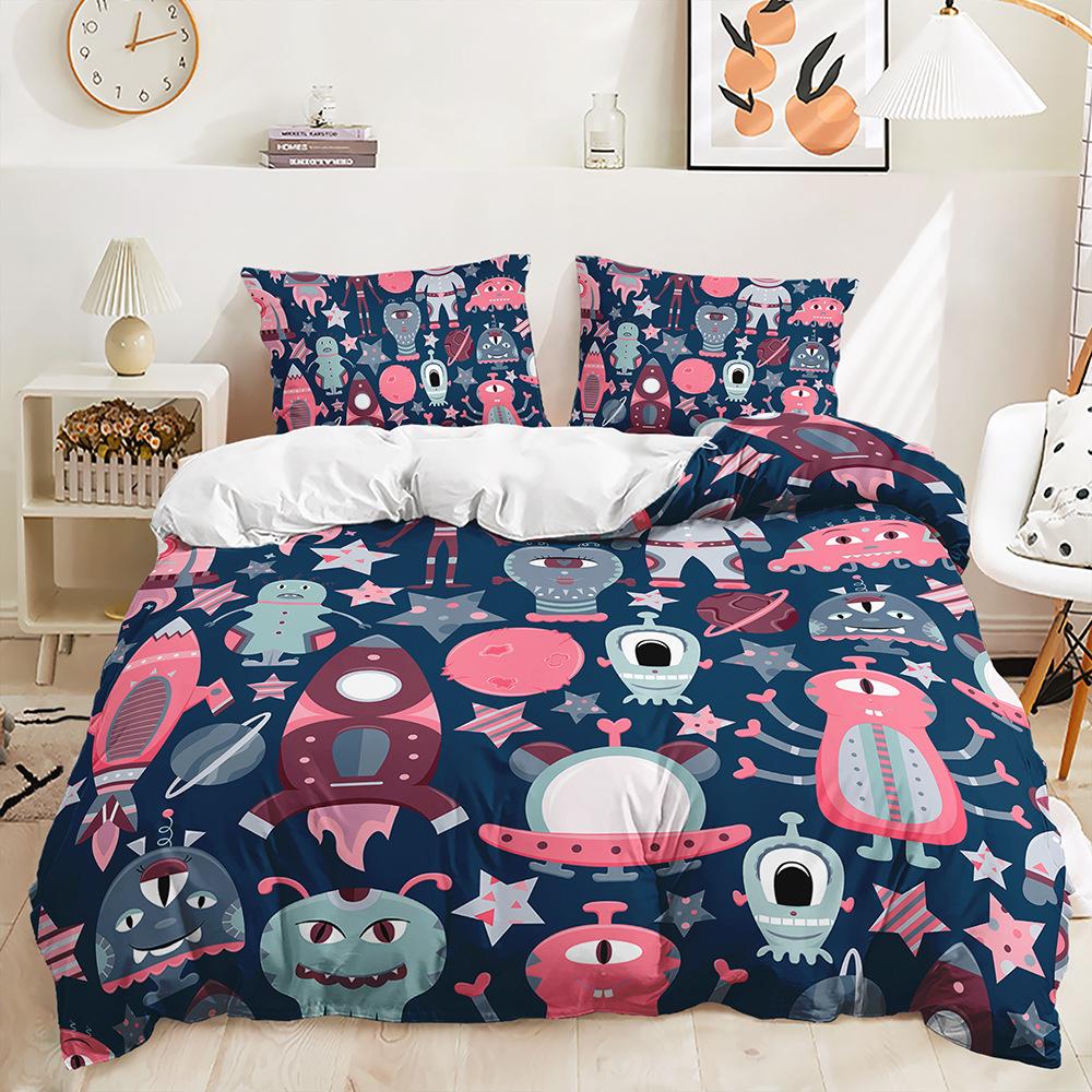 Quilt Cover Cartoon Planet Bed Cover Pillowcase Digital Printing Bedding Three-Piece Set
