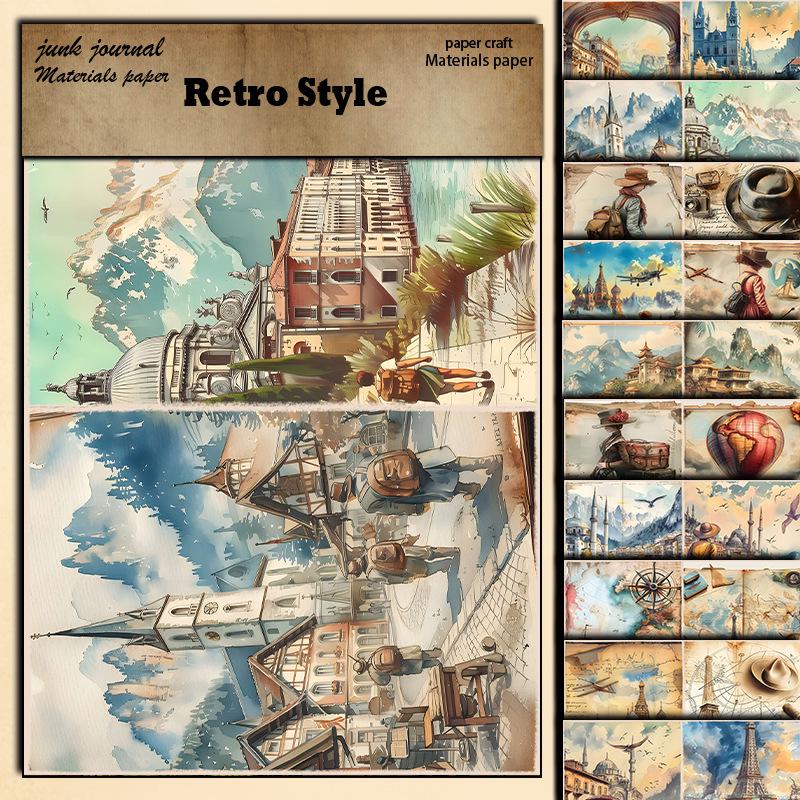Retro Barcelona Lakeside Material Paper - European Cities Sea Pattern DIY, 10 Sheets