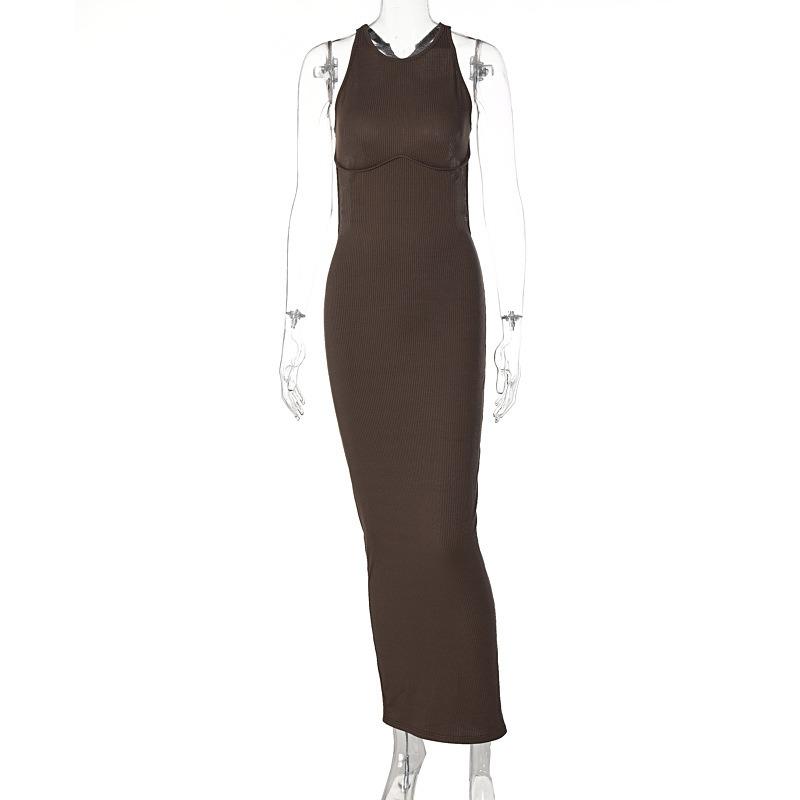 Summer New Sleeveless Backless Slim Fit Sexy Dress Women Elegant Solid Casual Party Club Long Dresses Women Vintage Fashion Knitted Ladies Dress 26529