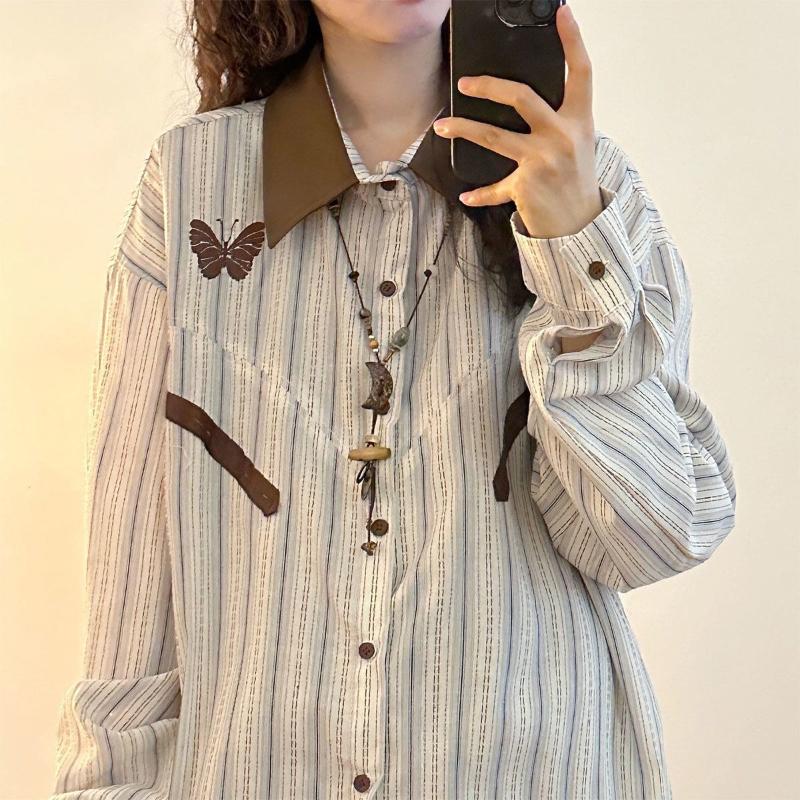 

Striped Women s Shirt Brown Turn-Down Collar Chest Bow Print Two Diagonal Stripes Spliced Long Sleeved Blouse Spring New Style Loose Retro Woman Top XL