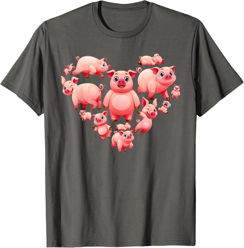 Pigs Heart Shape Cute Love Hog Swine Graphic T-Shirt Cotton Casual Short Sleeve Tee