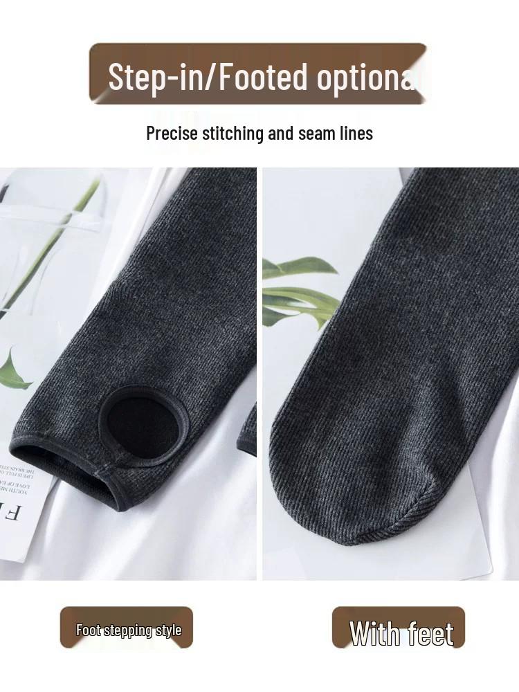 Women's Gray Fleece-Lined Base Layer Pants, Thickened Footed Tights for Autumn/Winter, Plus Size, Wearable Outdoors, Warm and Cozy.