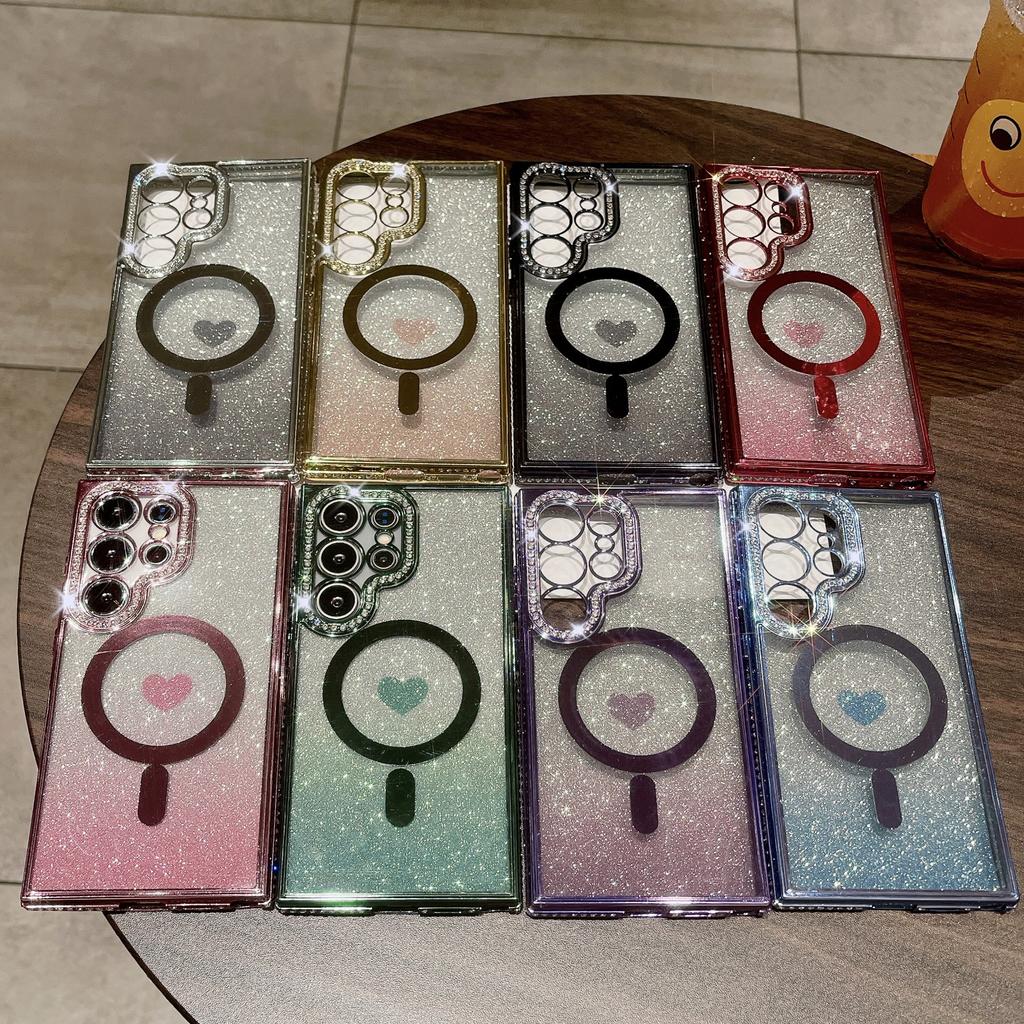New Samsung S24 Ultra Magnetic Phone Case Gradient Glitter S23plus Rhinestone Love S22 Protection Case