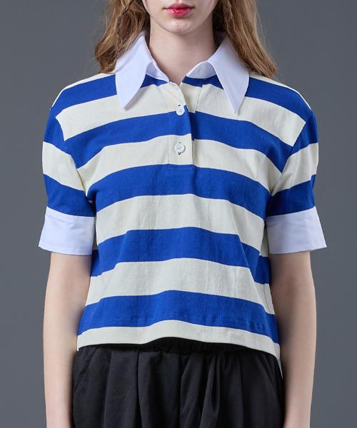 Sitipabjeu [Cp] Crop Puff Stripe Pique Collar Short Sleeve Tee [Blue]