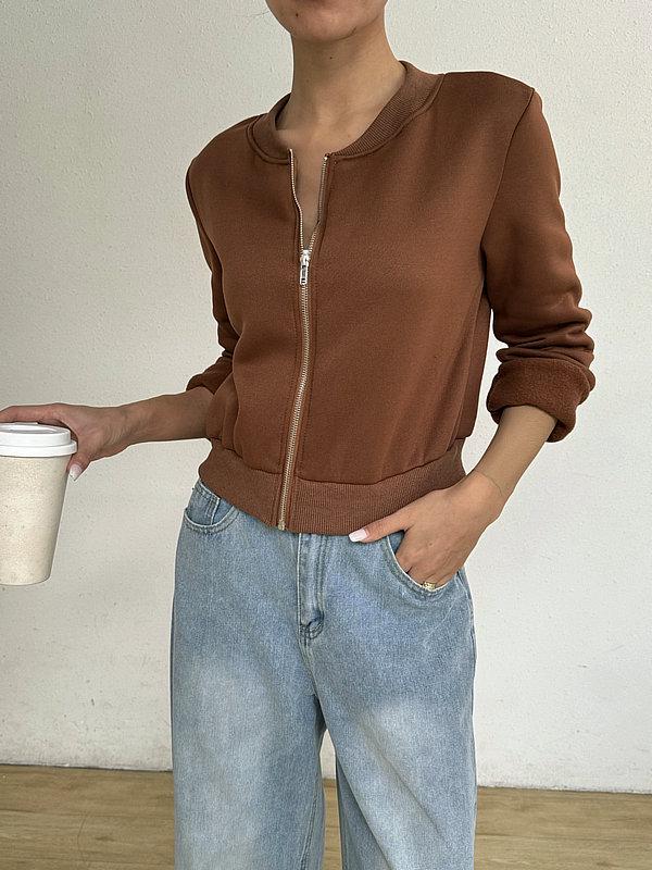 Frühling 2025 Damen Langarm Rundhals Reißverschluss Strickjacke - Einfarbig, Lockerer Schnitt, Schlankmachende Kurze Freizeitjacke