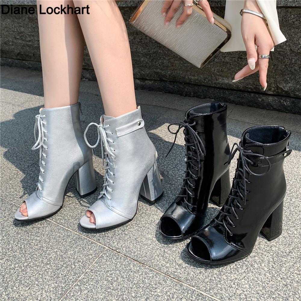 Fashion Womens Fish Mouth Ankle Boots Summer Female Cross-Tied Thick High Heels Shoes Lace-Up Chelsea Booties Mujer Botas Silver Black