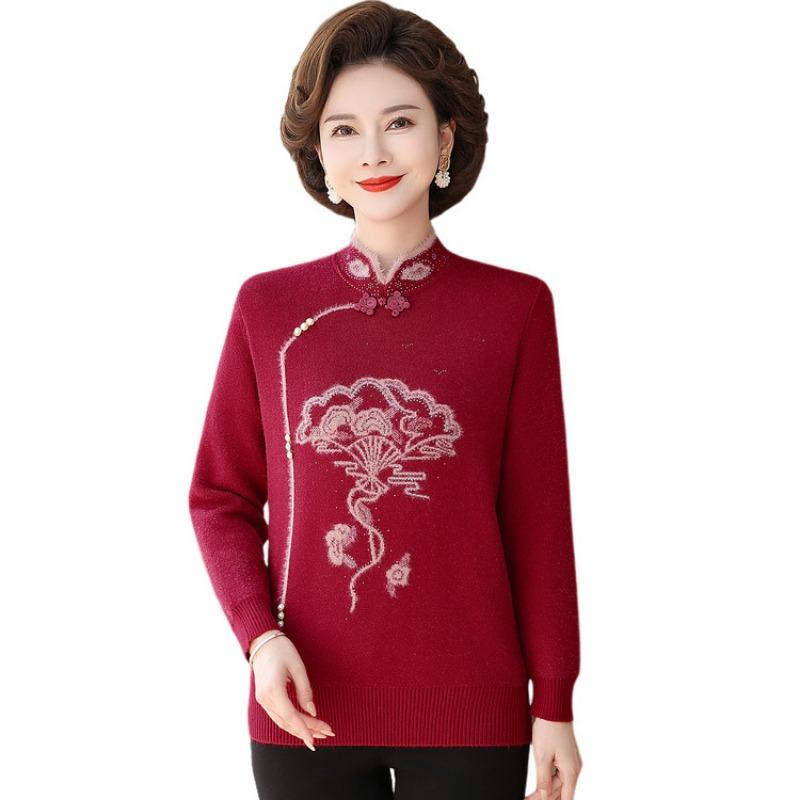 Mom's autumn and winter cheongsam collar sweater medium and old fleece bottoming shirt integrated mink fleece thickened women's bottoming shirt