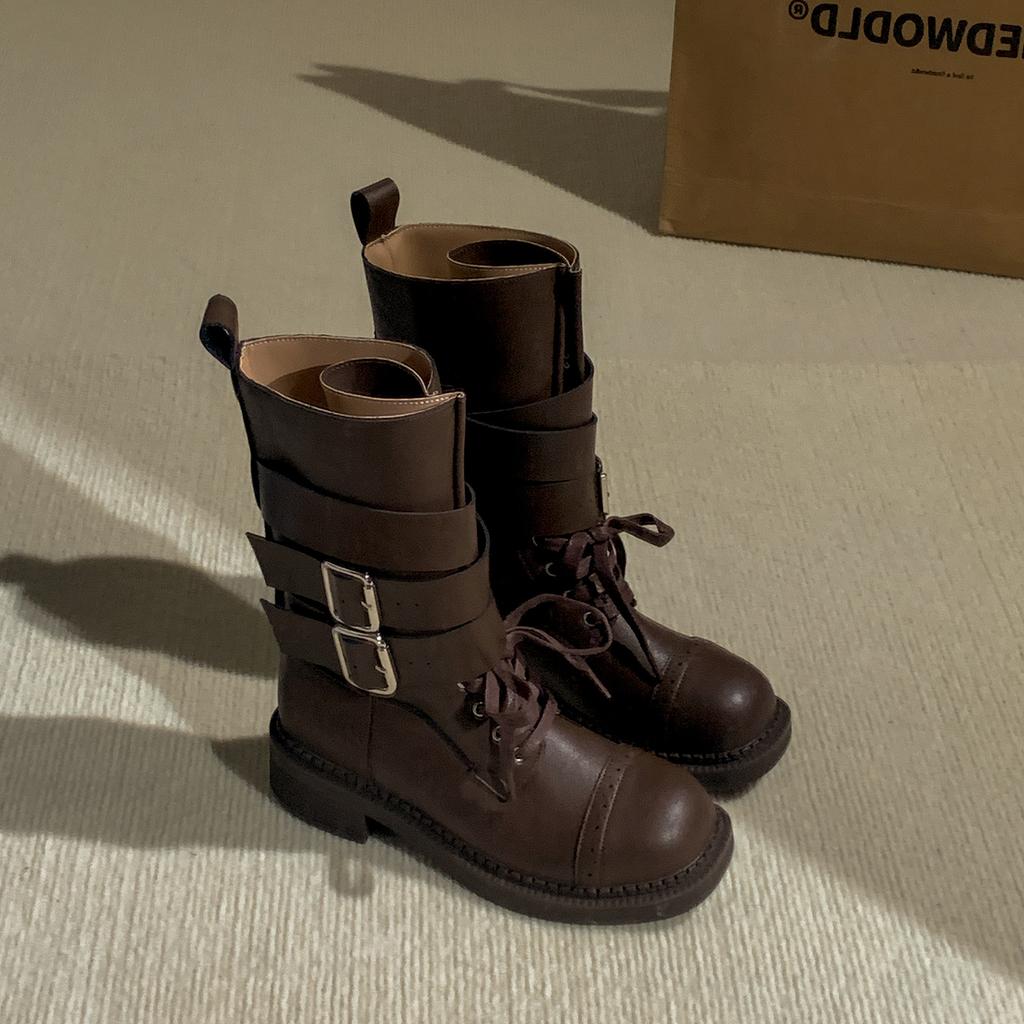 Queen Fan Black British Style Thick Heel Height Increase Martin Boots Women's 2025 New Autumn Popular Retro Short Boots