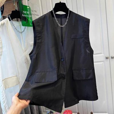 Women's High-End Black V-Neck Tencel Cotton Linen Vest Cardigan - Lightweight Summer 2026